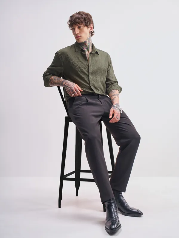 Highlander Men Olive Self Design Relaxed Fit Casual Shirt