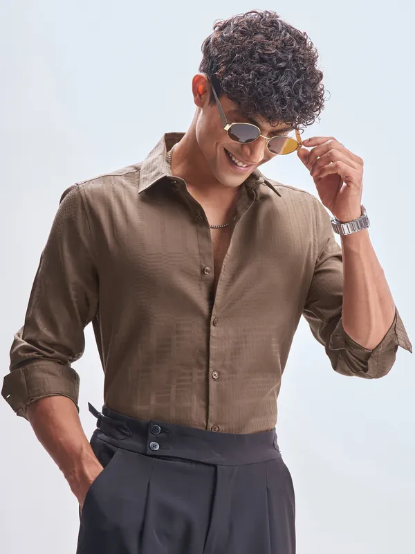 Highlander Men Brown Self Design Slim Fit Casual Shirt