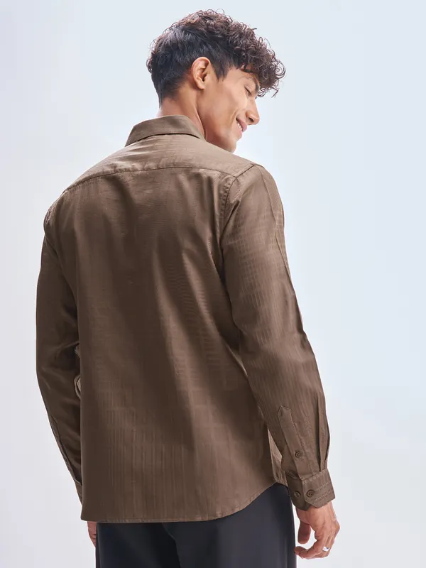Highlander Men Brown Self Design Slim Fit Casual Shirt