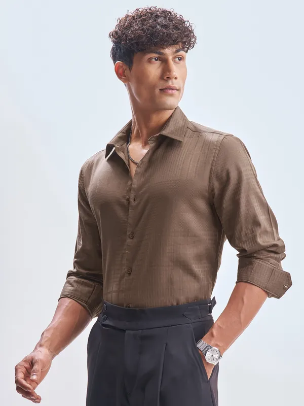 Highlander Men Brown Self Design Slim Fit Casual Shirt