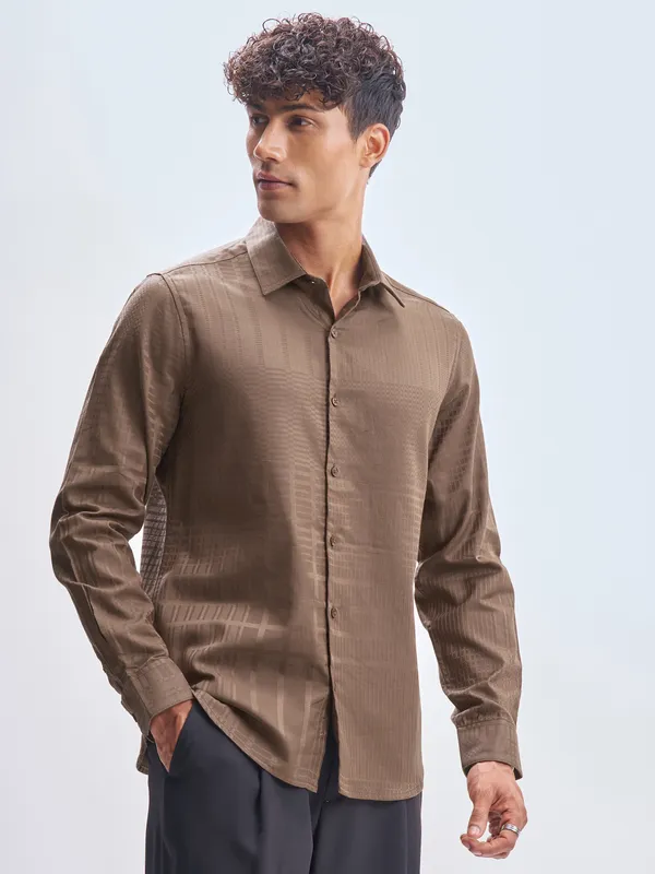 Highlander Men Brown Self Design Slim Fit Casual Shirt