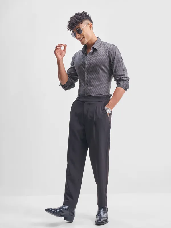 Highlander Men Charcoal Self Design Relaxed Fit Casual Shirt