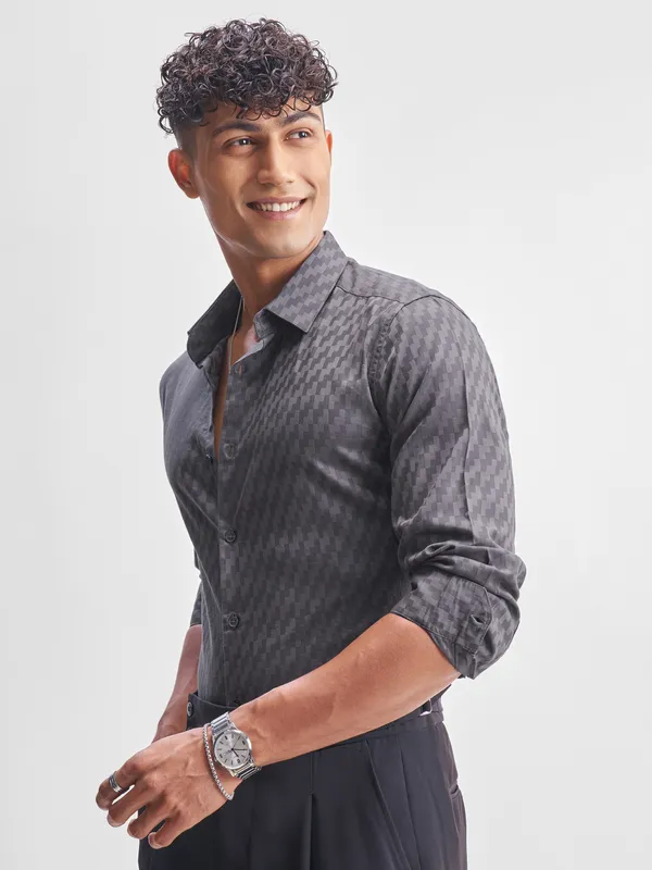 Highlander Men Charcoal Self Design Relaxed Fit Casual Shirt