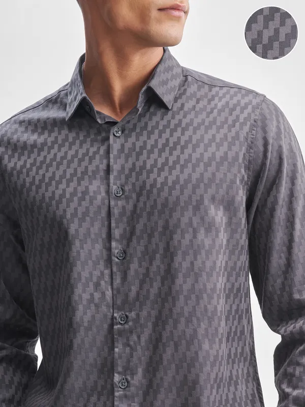 Highlander Men Charcoal Self Design Relaxed Fit Casual Shirt