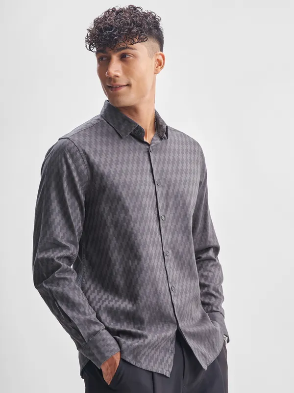 Highlander Men Charcoal Self Design Relaxed Fit Casual Shirt