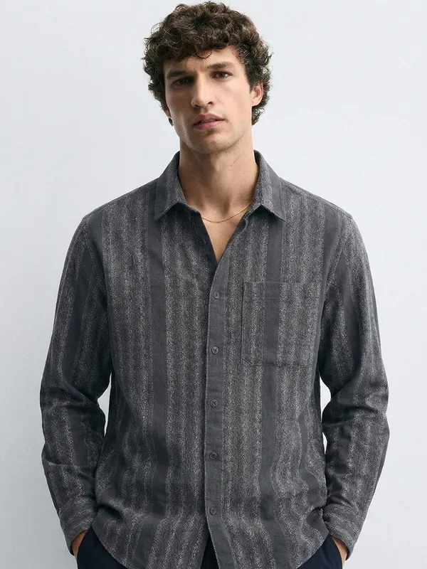 Highlander Men Charcoal Self Design Relaxed Fit Casual Shirt