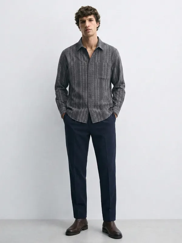 Highlander Men Charcoal Self Design Relaxed Fit Casual Shirt