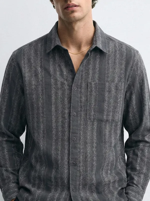 Highlander Men Charcoal Self Design Relaxed Fit Casual Shirt