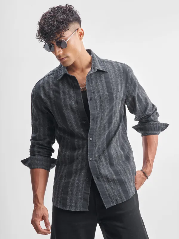 Highlander Men Charcoal Self Design Relaxed Fit Casual Shirt