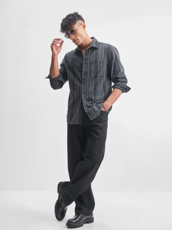 Highlander Men Charcoal Self Design Relaxed Fit Casual Shirt