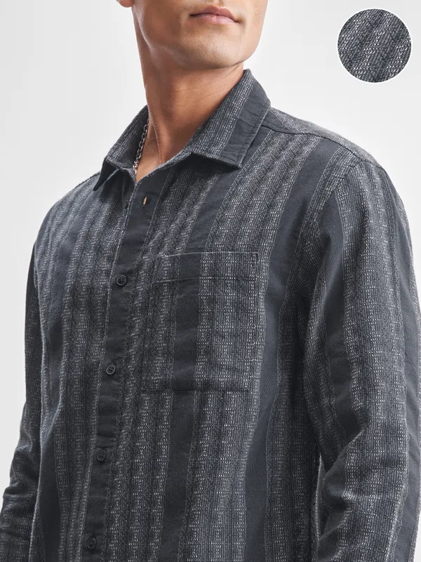 Highlander Men Charcoal Self Design Relaxed Fit Casual Shirt