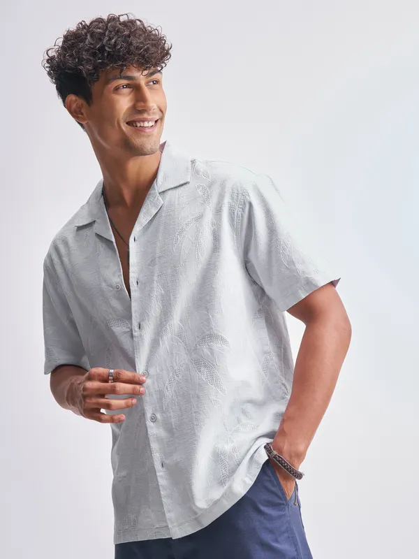 Highlander Men Grey Self Design Relaxed Fit Casual Shirt