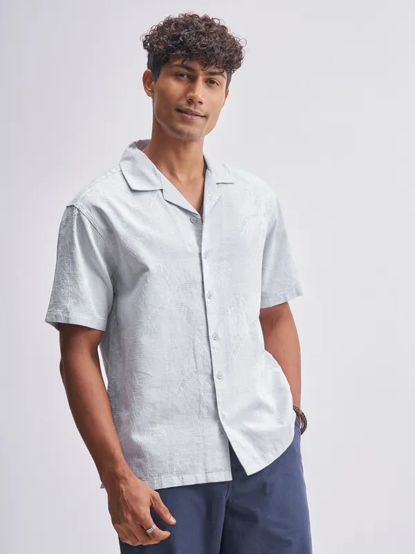 Highlander Men Grey Self Design Relaxed Fit Casual Shirt