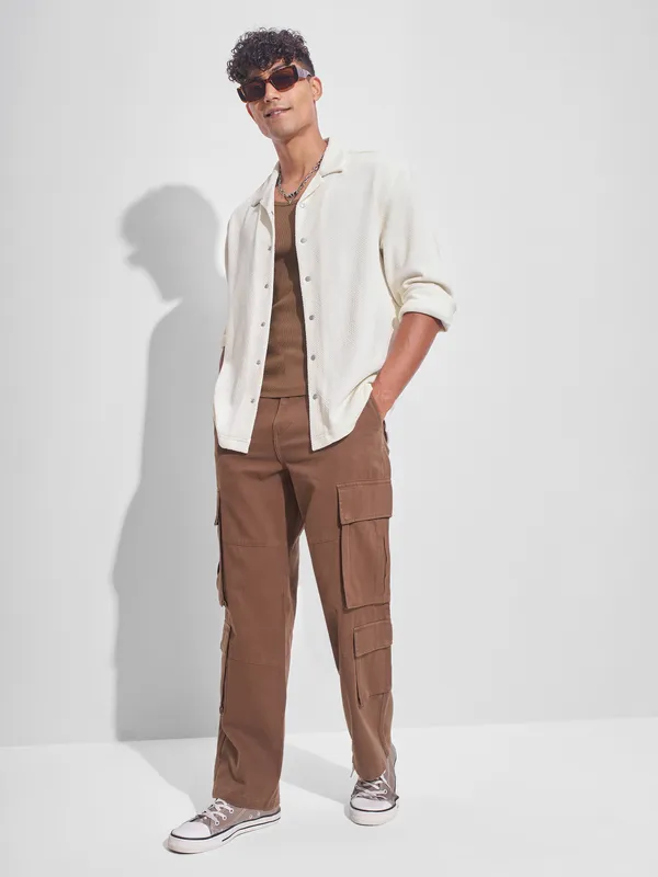 Highlander Men Cream Self Design Oversized Fit Casual Shirt