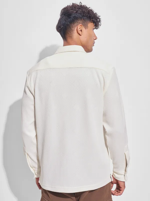 Highlander Men Cream Self Design Oversized Fit Casual Shirt