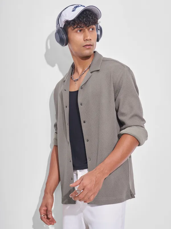 Highlander Men Grey Self Design Oversized Fit Casual Shirt