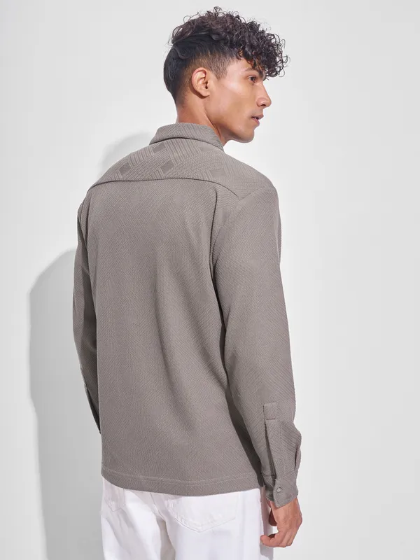 Highlander Men Grey Self Design Oversized Fit Casual Shirt