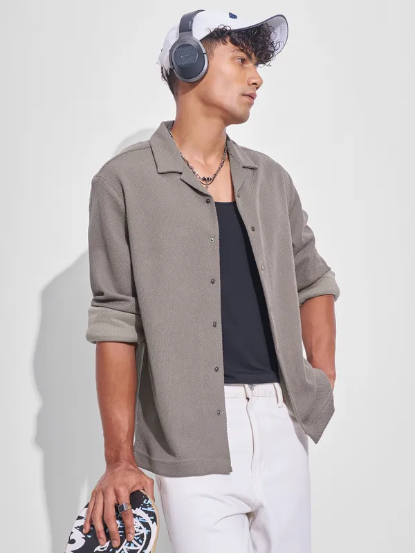 Highlander Men Grey Self Design Oversized Fit Casual Shirt