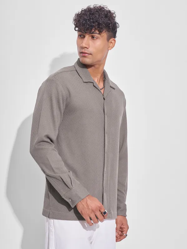 Highlander Men Grey Self Design Oversized Fit Casual Shirt