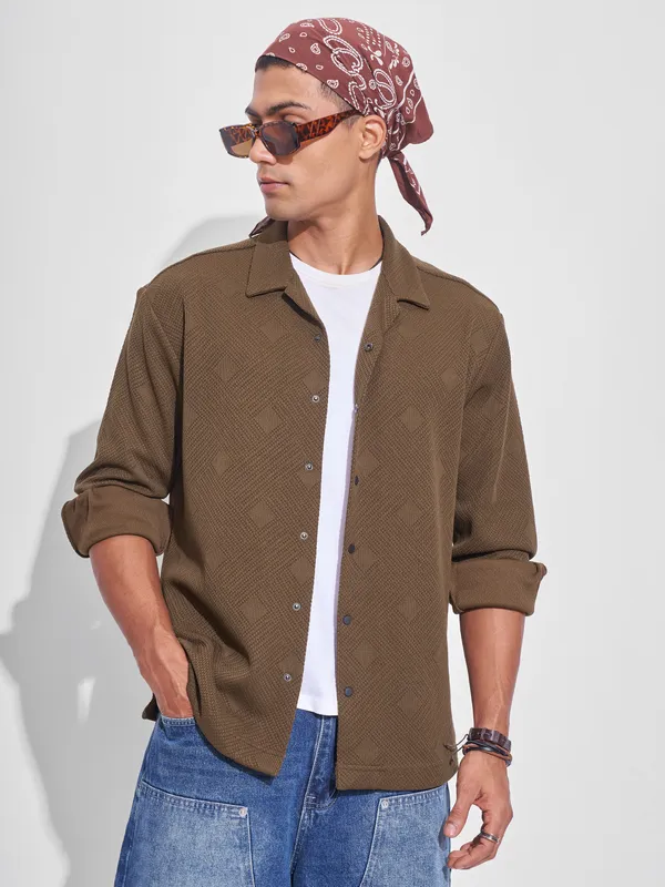 Highlander Men Khaki Self Design Oversized Fit Casual Shirt