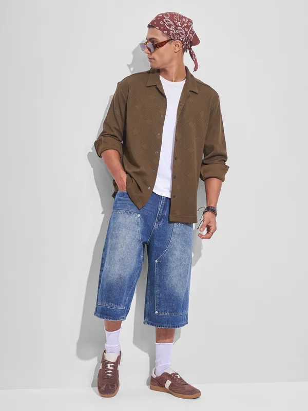 Highlander Men Khaki Self Design Oversized Fit Casual Shirt