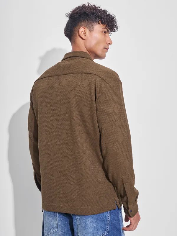 Highlander Men Khaki Self Design Oversized Fit Casual Shirt