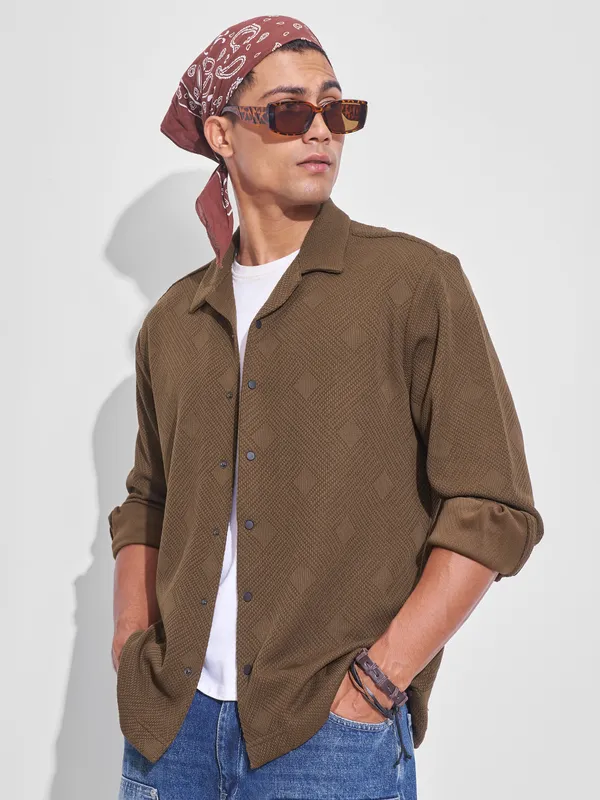 Highlander Men Khaki Self Design Oversized Fit Casual Shirt