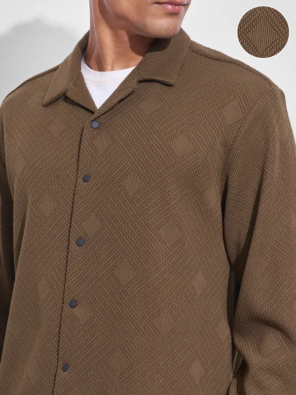 Highlander Men Khaki Self Design Oversized Fit Casual Shirt