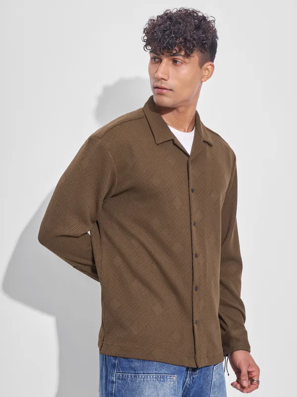 Highlander Men Khaki Self Design Oversized Fit Casual Shirt