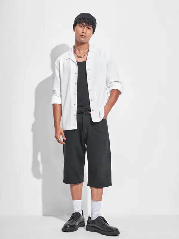 Highlander Men White Self Design Oversized Fit Casual Shirt