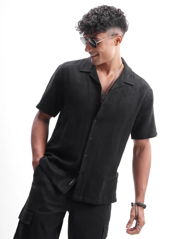 Highlander Men Black Self Design Relaxed Fit Casual Shirt