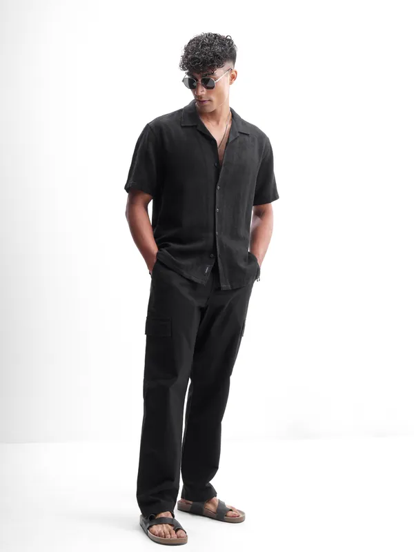 Highlander Men Black Self Design Relaxed Fit Casual Shirt