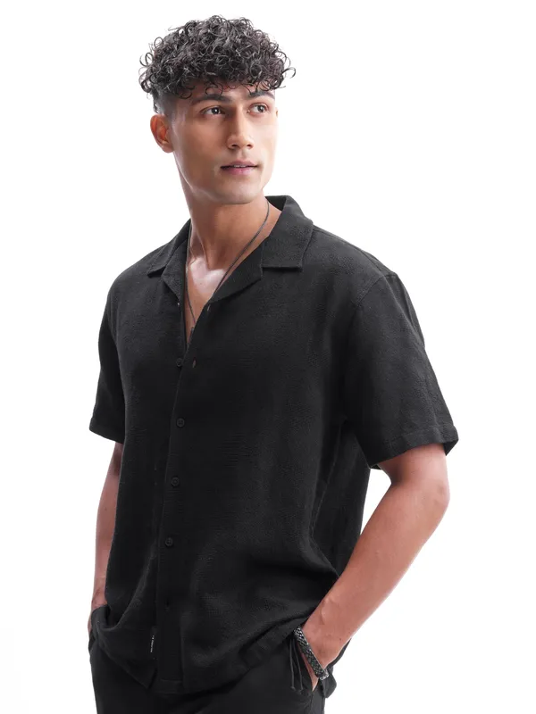 Highlander Men Black Self Design Relaxed Fit Casual Shirt