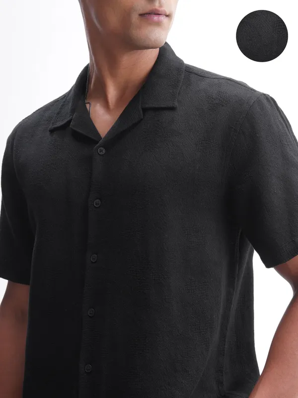 Highlander Men Black Self Design Relaxed Fit Casual Shirt