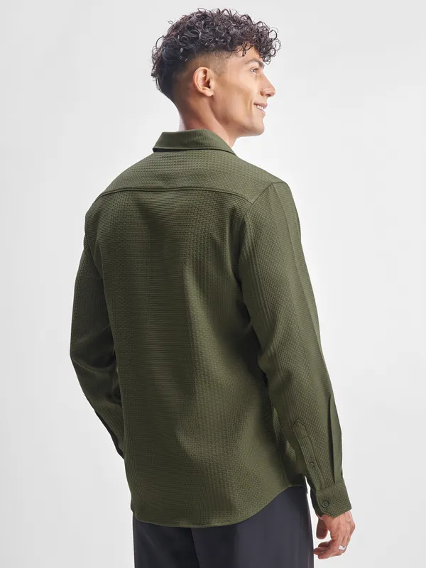 Highlander Men Olive Self Design Slim Fit Casual Shirt