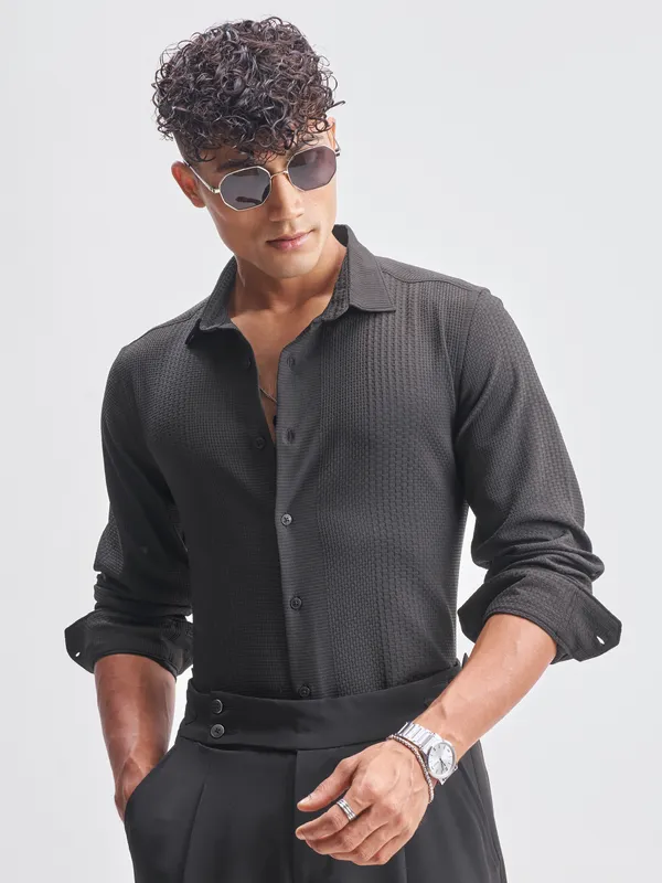 Highlander Men Black Self Design Slim Fit Casual Shirt