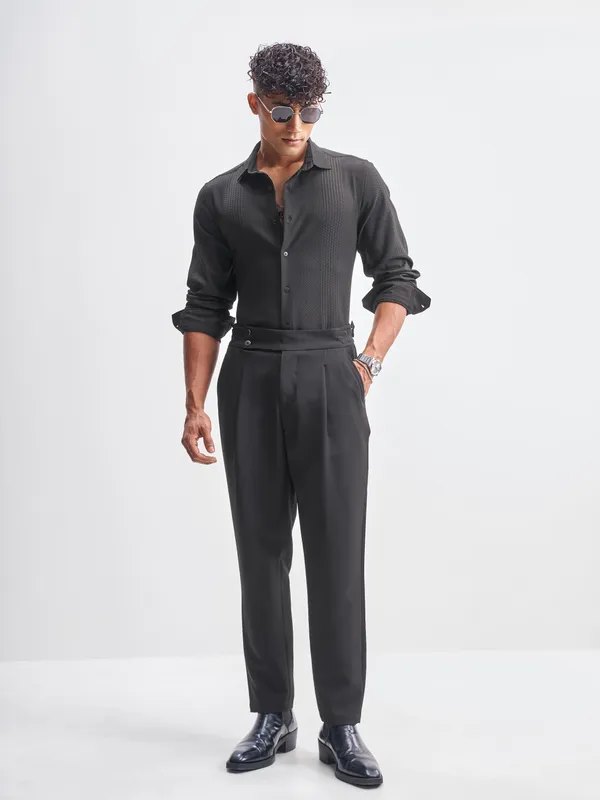 Highlander Men Black Self Design Slim Fit Casual Shirt