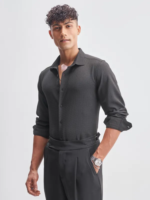 Highlander Men Black Self Design Slim Fit Casual Shirt