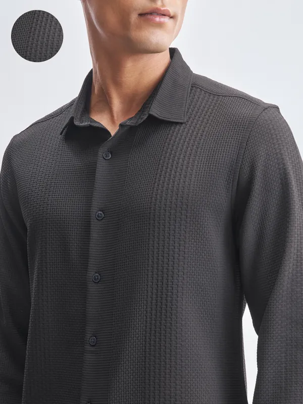 Highlander Men Black Self Design Slim Fit Casual Shirt