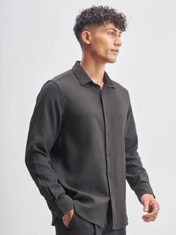 Highlander Men Black Self Design Slim Fit Casual Shirt