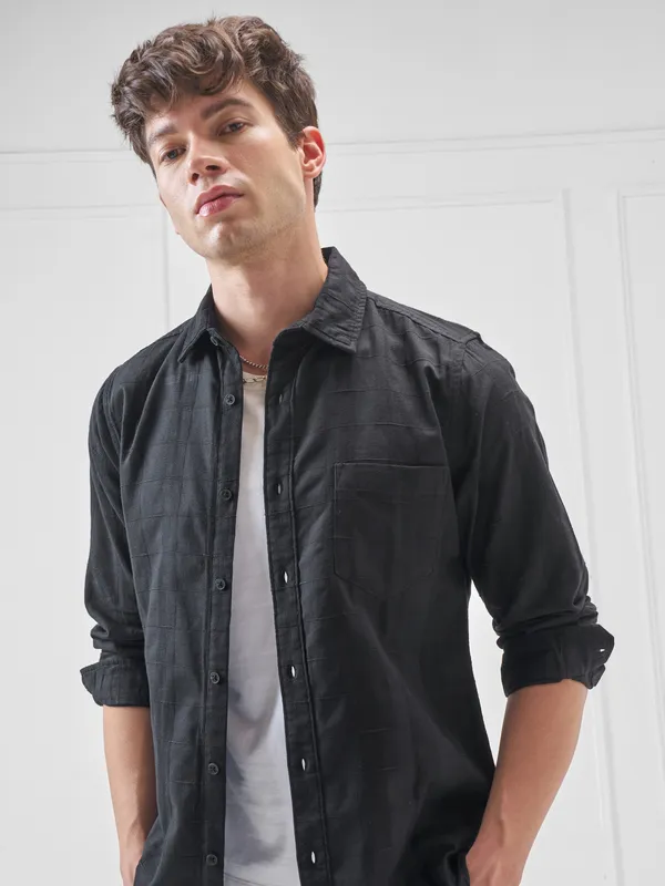 Highlander Men Black Self Design Slim Fit Casual Shirt