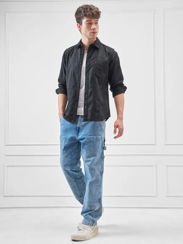 Highlander Men Black Self Design Slim Fit Casual Shirt