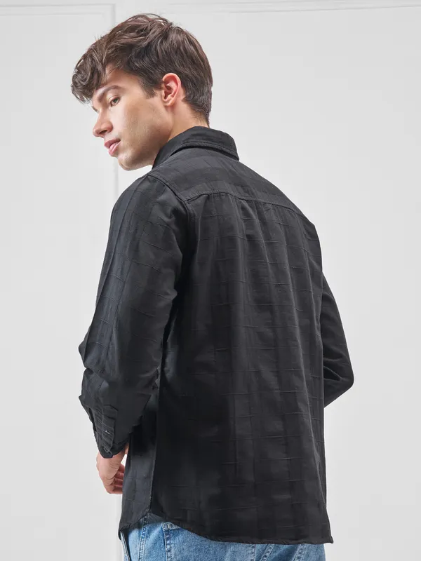 Highlander Men Black Self Design Slim Fit Casual Shirt