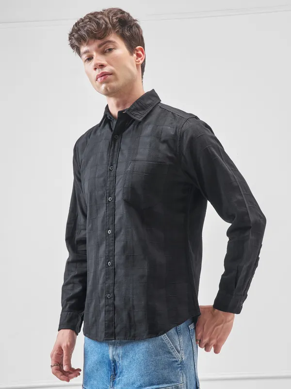 Highlander Men Black Self Design Slim Fit Casual Shirt