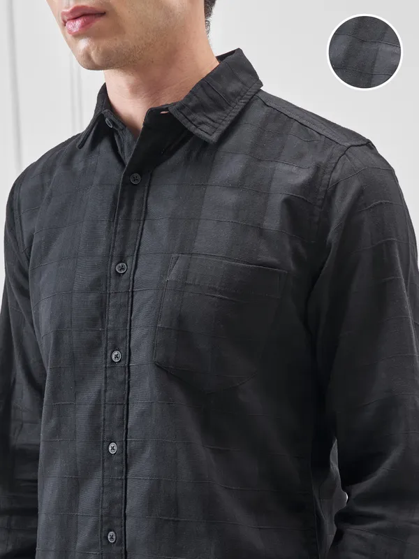 Highlander Men Black Self Design Slim Fit Casual Shirt