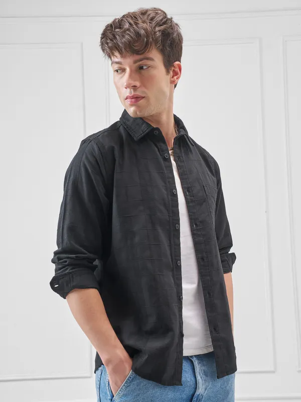 Highlander Men Black Self Design Slim Fit Casual Shirt