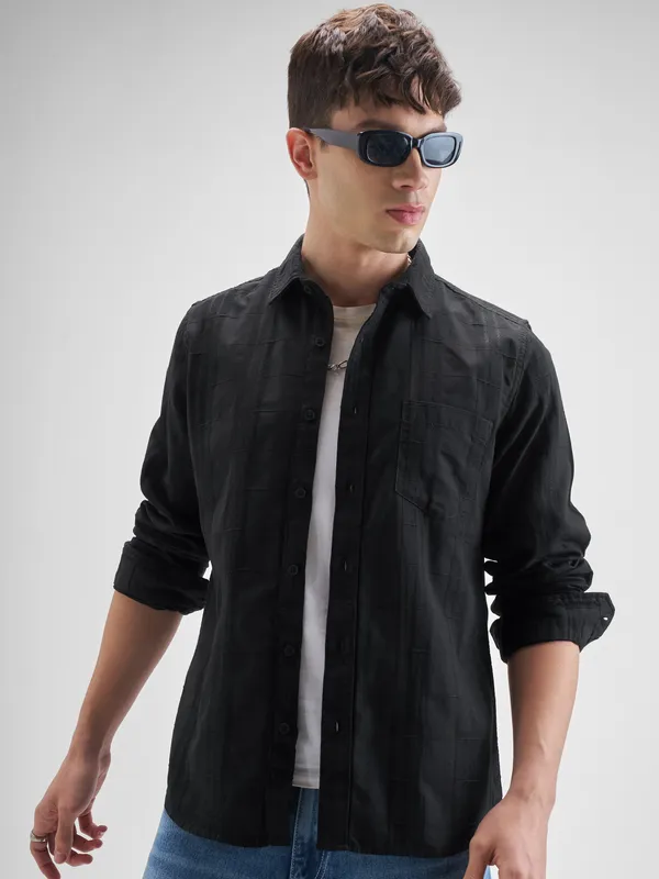 Highlander Men Black Self Design Slim Fit Casual Shirt