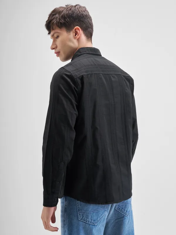 Highlander Men Black Self Design Slim Fit Casual Shirt