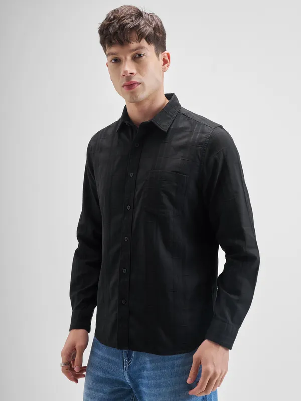 Highlander Men Black Self Design Slim Fit Casual Shirt