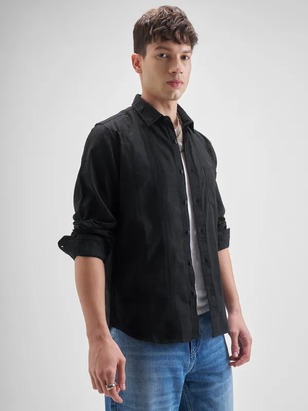 Highlander Men Black Self Design Slim Fit Casual Shirt